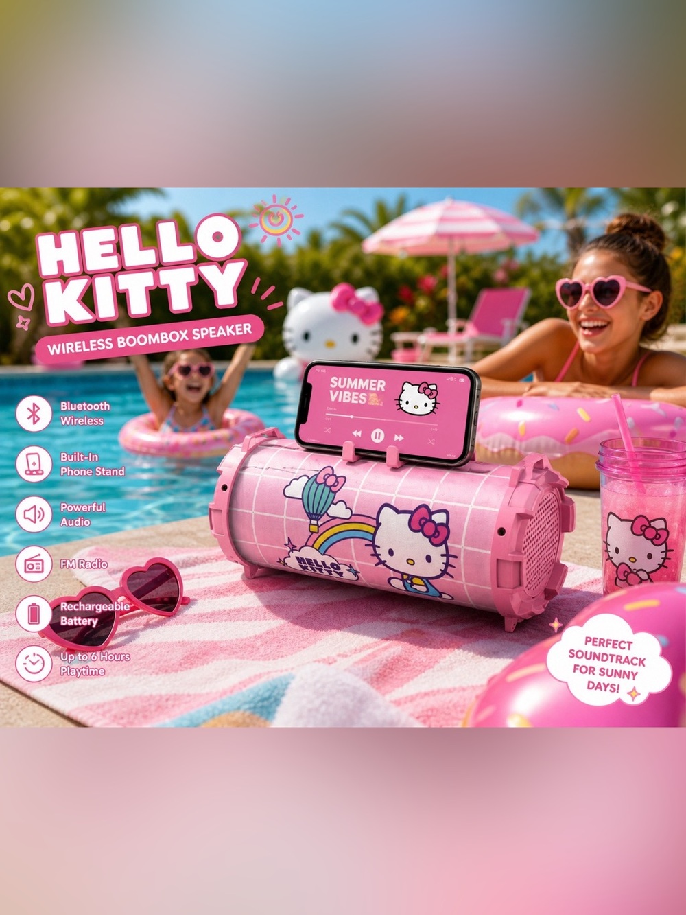 🎀 Hello Kitty Pink Boombox Speaker – Bluetooth, Cute & Portable 💖